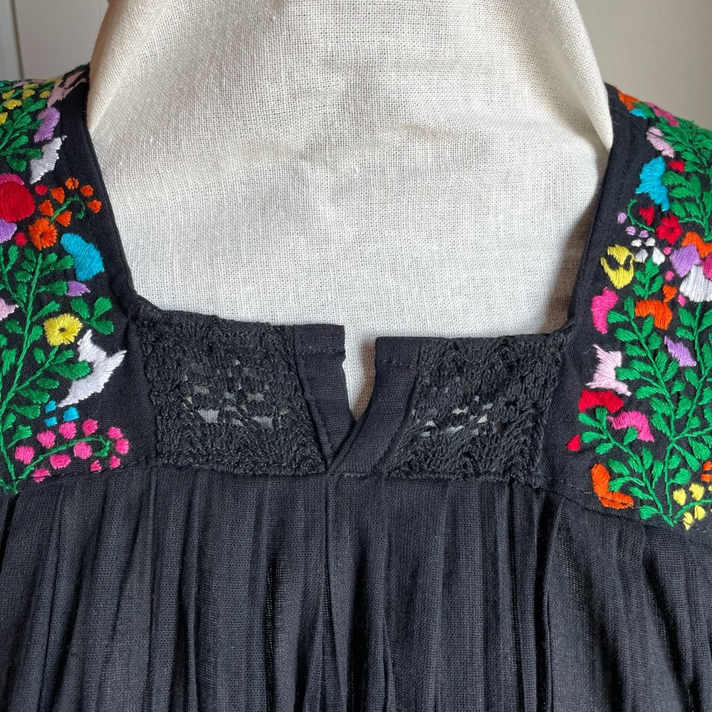Embroidered Black Cotton Blouse with Floral Accents